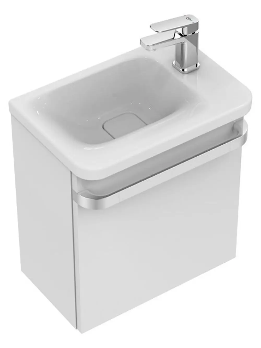 Schlichtes, kompaktes Waschbecken von Ideal Standard, ausgestattet mit einem modernen Wasserhahn. Die praktische Ablage bietet zusätzlichen Stauraum.